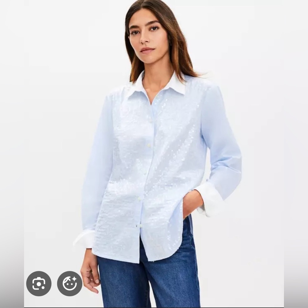 NWT LOFT Light Blue Button-Up Blouse w/ Clear Sequins, White Cuffs & Collar, M